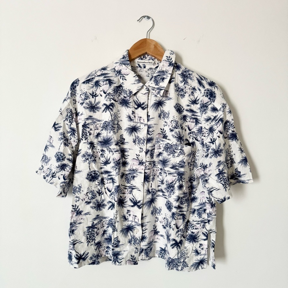 Abercrombie & Fitch 90s Cropped Linen Blend Button Up Shirt Blue Tropical Size M